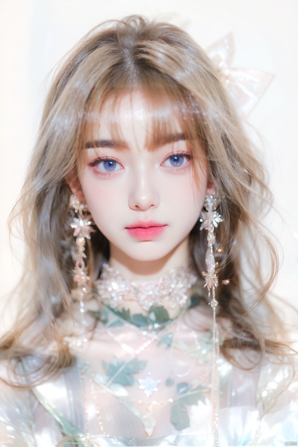  (extremely delicate and beautiful:1.2),1girl,fashi-girl, bangs, blue eyes, blurry, blurry background, bow, brown hair, closed mouth, from side, hair between eyes, hair bow, lantern, light particles, long sleeves, looking at viewer, medium hair, night, red bow, solo, star \(symbol\), upper body,smile,red lips, 1girl, qiqiu