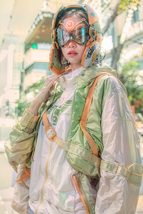  original, masterpiece, best quality, a cyborg woman in a green circle light up cyberhelmet with orange ears, wearing orange jacket, sunny day, on the street , cyberhelmet