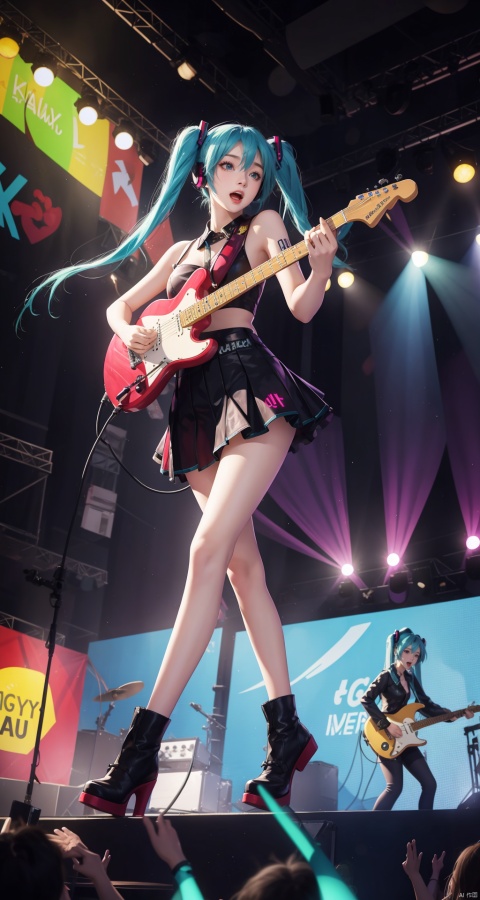  1girl,high quality,masterpiece,Hatsune Miku,twin tails,stage,stage lights,dancing,glowing,sparkling,floating skirt,full body,open mouth,singing,V,audience,lamp,cyberpunk,neon light,happy,electric guitar,playing guitar, backlight