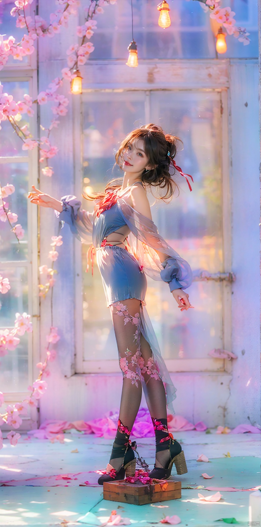  (extremely delicate and beautiful:1.2),1girl,fashi-girl, bangs, blue eyes, blurry, blurry background, bow, brown hair, closed mouth, from side, hair between eyes, hair bow, lantern, light particles, long sleeves, looking at viewer, medium hair, night, red bow, solo, star \(symbol\), upper body,smile,red lips, 1girl, skinny,pantyhose,