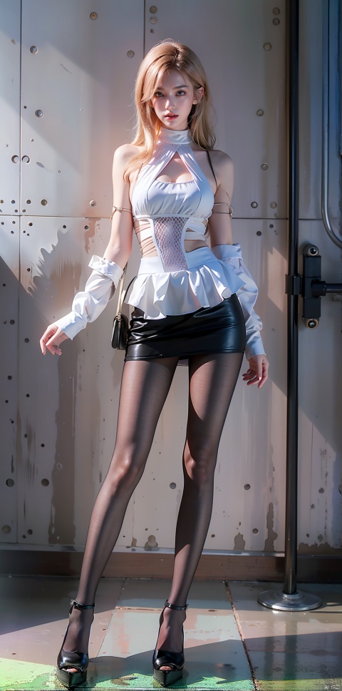  Masterpiece-level best_quality, concept artwork, a lonely solo girl, ,fashion,(mini skirt:1),Super long legs,, standing, realistic, Professionalstudio,highheels,trend,pantyhose,skinny