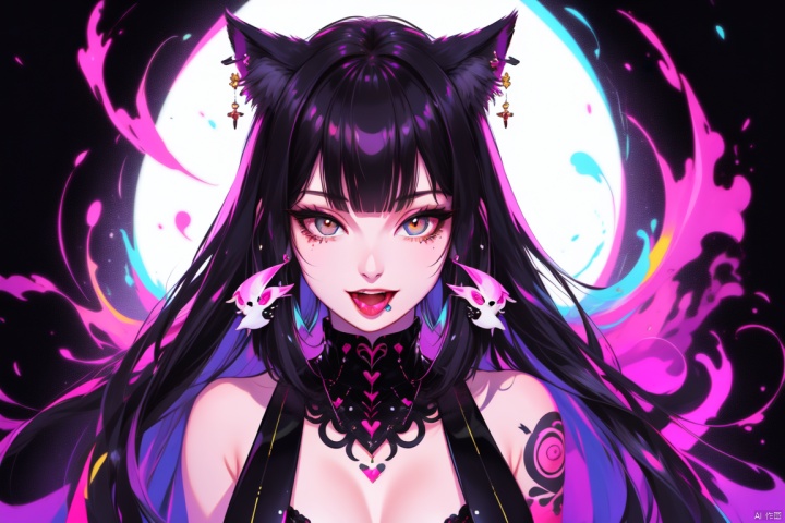  solo,cunnilingus,the perfect hand,(yandere:1.4),bust,portrait,tongue,slit pupils,1girl,cat ears,black hair,tongue out,long hair,looking at viewer,colorful,fingerless gloves,bangs,gloves,simple background,teeth,fangs,mole under eye,white background,yellow eyes,black gloves,fingernails,blunt bangs,tattoo,mole,smile,open mouth,(earrings:0.6),tongue piercing,(jewelry:0.6),arm tattoo,animal earfluff,surrealistic,abstract,highres,surrealistic,abstract, midjourney, HTTP