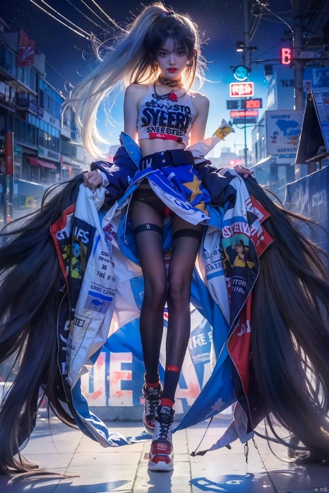  illustration, best quality, ultra-detailed, super detailed skin,cute, lovely, extremely detailed,8K,solo,1girl, detailed background,urban, 💫,⭐️,🌟,✨,night,dynamic angle,beautiful eyes,blash,smile,(streetwear:1.5),street style ,(emphasis splatter ),splatter,graffiti,spraycan,❤️,motion,navel,(croptop:0.8),(ear piercing:0.7),two-tone hair color,(cool),(HDR:1),wind
,(jitome:1.2),perfect hand,active,RETRO ART STYLE, NEON_POP ART STYLE, ART STYLE,, yunqing, newspaper,pantyhose,super long legs,skinny,