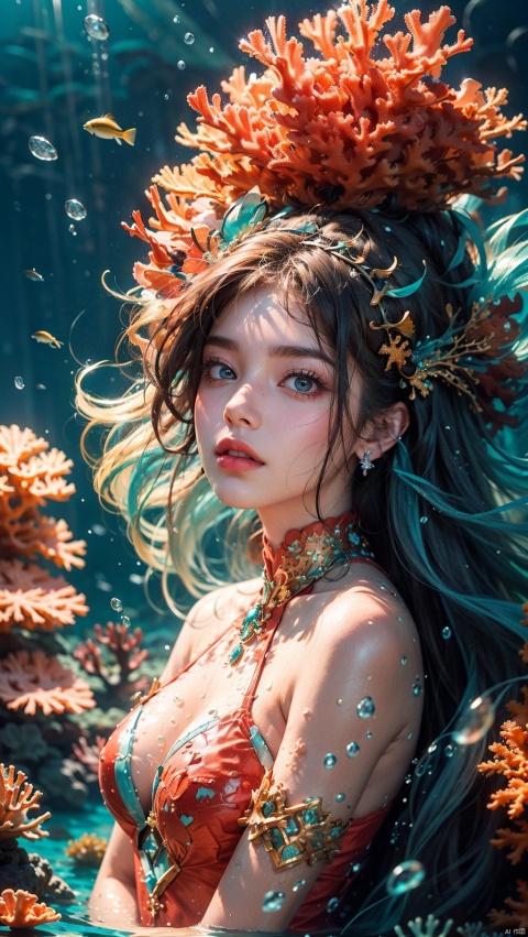  Coral Girl,a woman with a headdress and a bunch of corals on her head is surrounded by water, 1girl, air bubble, blue eyes, bubble, earrings, floating hair,Exaggerated coral hair,Close ups, jewelry,Coral on the body,Floating hair, lips, lipstick, long hair, makeup, parted lips, red lips, solo, underwater, upper body, water,water