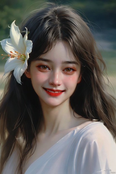  the girl is smiling while holding a flower on her face, Beatiful,gentle,Comfortable beauty,Bright eyes, with a smile,snapshot realism, nightcore, appropriation artist, blurry details, , bichu