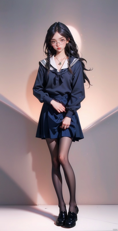  1 girl,(younger schoolgirl:2),see-through bang,looking at viewer,best quality,ultra detailed,glossy skin,contrappostomodel,floating hair,white thighhighs,full body,high heel,glasses,longhair, necklace, earrings, braid, black pantyhose,1girl