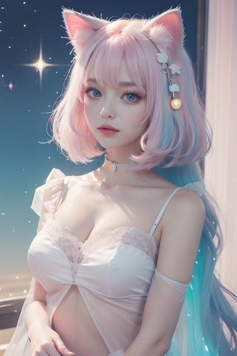 kawaiitech,pastel color,kawaii,cute colors,scifi,pink,scholar,scroll,1girl,long hair,pale skin,white hair,glowing eyes,**ile,cat ears,pastel colors,pale color,hair ornament,short hair,white hair,upper body,（There is a big cat standing next to it：1）,animal ear fluff,pink hair,sparkle,centered,balance,glowing love,