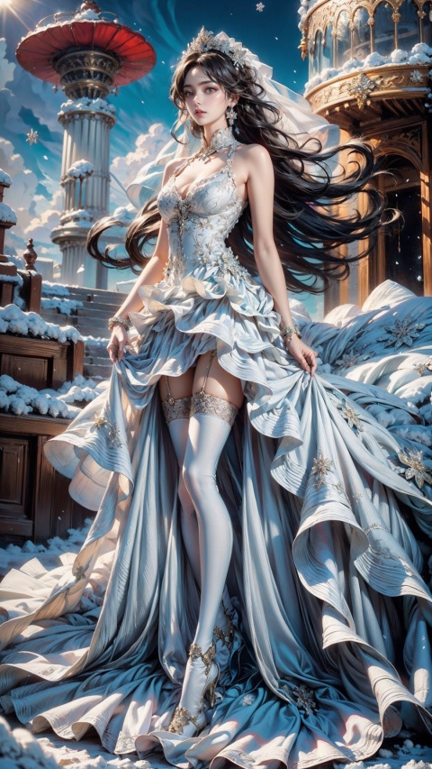  1girl,solo,earrings,a girl wearing a wedding dress,white dress,high end long tail wedding dress,long hair,jewelry,brown hair,brown eyes,snowflakes,drifting snowflakes,ice and snow crown,long legs,(white stockings:1.2),sky,cloud,ice castle,ferris wheel,looking_at_viewer,standing,nikon lens,ice steps,realistic,masterpiece,best quality,unreal engine 5 rendering,movie light,movie lens,movie special effects,detailed details,HDR,UHD,8K,CG wallpaper, Fashion Style, sparkling dress