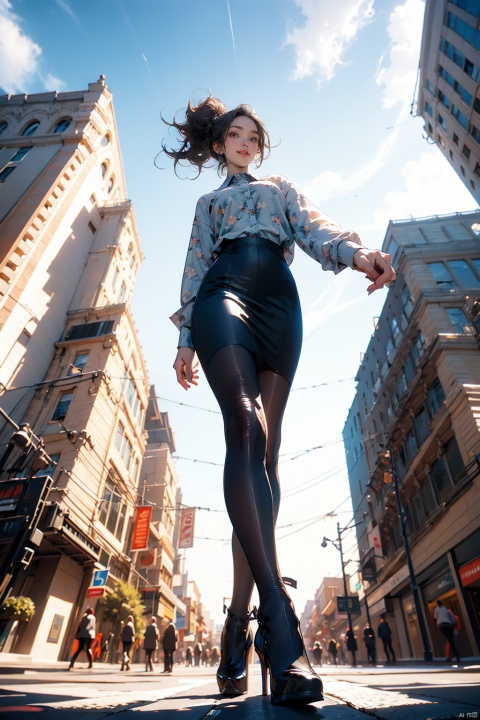  Best Quality, Surreal, (Ultra High Resolution), Masterpiece, 8K, RAW Photo, Cover Art, Sunshine, Photo Art, Reality, Staff, Miss, Ponytail (Suit, Shirt, Pencil Skirt, Stockings, High Heels) , (professional women: 1.1), blue sky and white clouds, architecture, city buildings, plants, sky, confident smile, (neat hairstyle: 0.8), (sharp, smart eyes: 0.7), (accessories: 0.6),, concentration , firm, , blurred background, from below, looking up, perspective, Black 8D glossy stockings