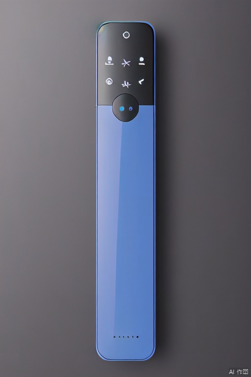 8K,industrial design,C4D, Rendering,Simple appearance,Metal case,A plush background,soft,Long product style,solo, erect,remote control,a remote control, blue light strip,Leather buttons,product design,remote control, Cubic shape,remote control