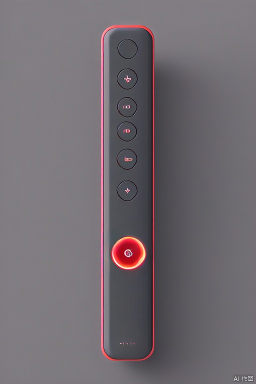 8K,industrial design,C4D, Rendering,Simple appearance,Metal case,A plush background,soft,Long product style,solo, erect,remote control,a remote control, red light strip,Leather buttons,product design,remote control, Cubic shape,remote control
