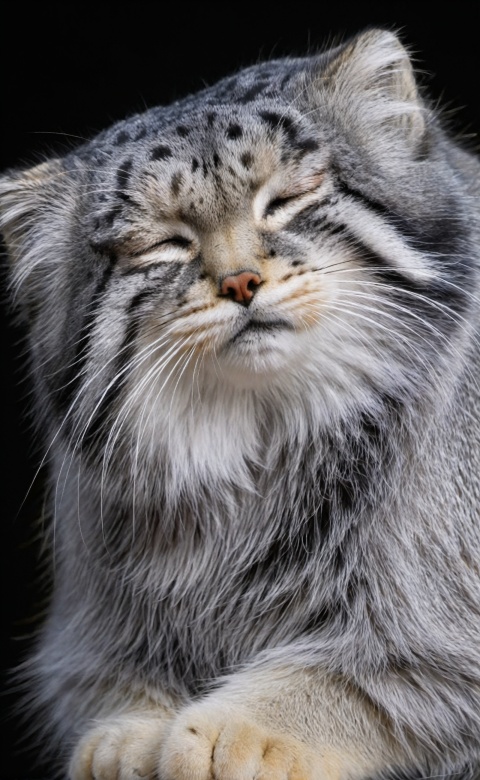  s4s the pallas's cat,half closed eyes sleeping,showing tiredness or contentment,4K HD hi-res photo,realistic Hasselblad photography,natural light,black background