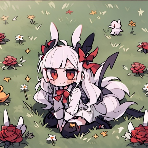 DYPLW,,1girl,red eyes, alice_\(alice_in_wonderland\),animal_ears, (wariza),long hair,clothes_lift, day, dress, fake_animal_ears, grass, looking_at_viewer, mountain, one_side_up, outdoors, rabbit_ears, rainbow, rose, smile, solo, sparkle, thighhighs, tree, white_legwear,chibi