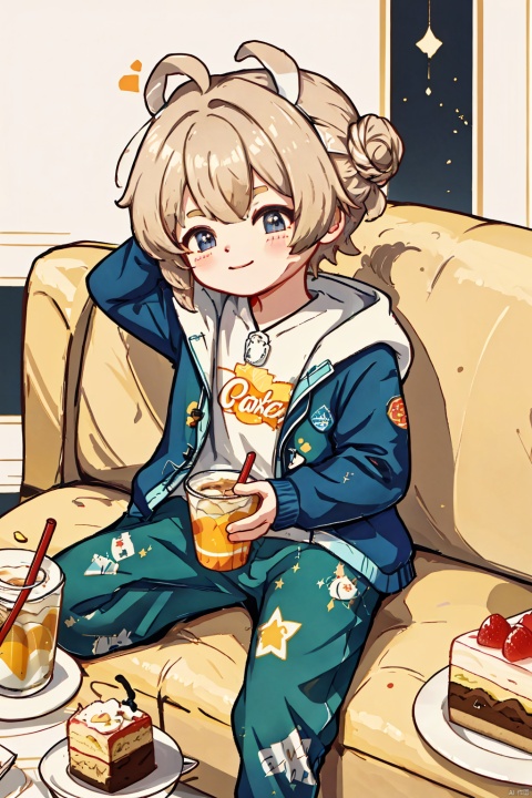 Hd, 8k, 1 Cute boy, solo, baggy clothes, hoodie, pajama pants, hair tied up, 1bun,sitting on the floor, sofa, happy , crisps, cake, Coke, milk tea, pasta, 1boy,simple , sitting cross-legged,details,multiple boys,chromatic aberration, Larme Kei3,chibi,simple details
, 30710