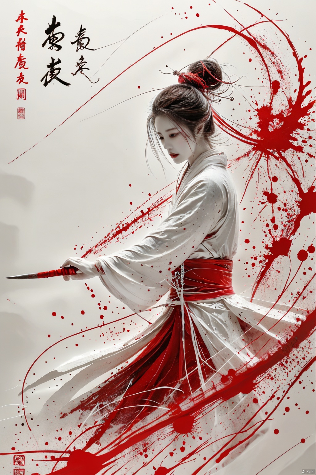  a girl, smwuxia,chinese text,blood, weapon:sw,blood splatter,motion blur,text