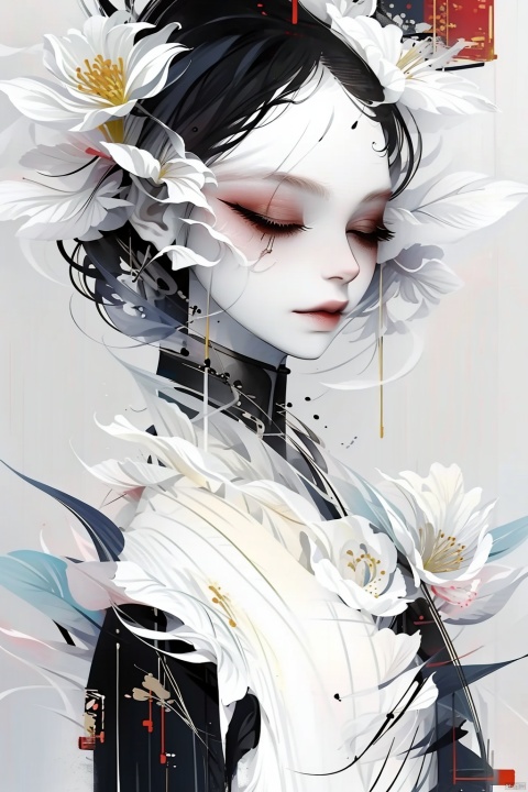  A girl, wearing sunglasses, black hair, closed mouth, closed eyes, flowers, eyelashes, makeup, Hanfu, Hanfu, Ink painting, mLD
