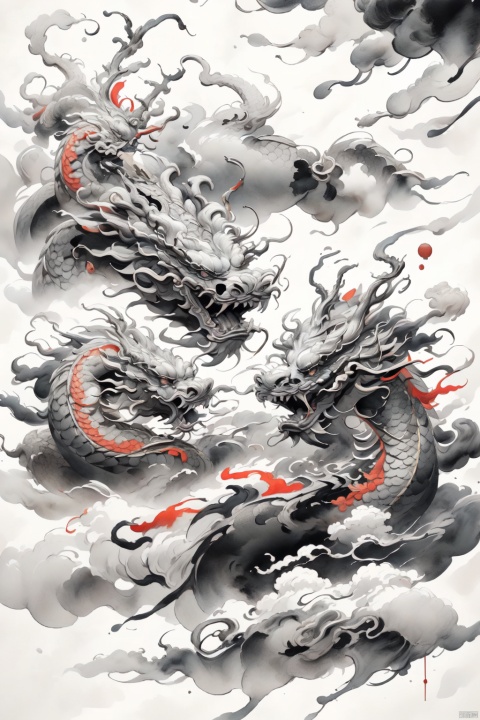  (masterpiece, top quality, best quality,offical art, beautiful and aesthetic:1.2), (1boy), extreme detailed,colorful,highest detailed, Chinese ink painting, ((from front)),white and red clothes,((closed eyes)), Chinese style,face to the camera, Chinese dragons_ink and wash styles_misty clouds_ancient paintings_flames, HTTP