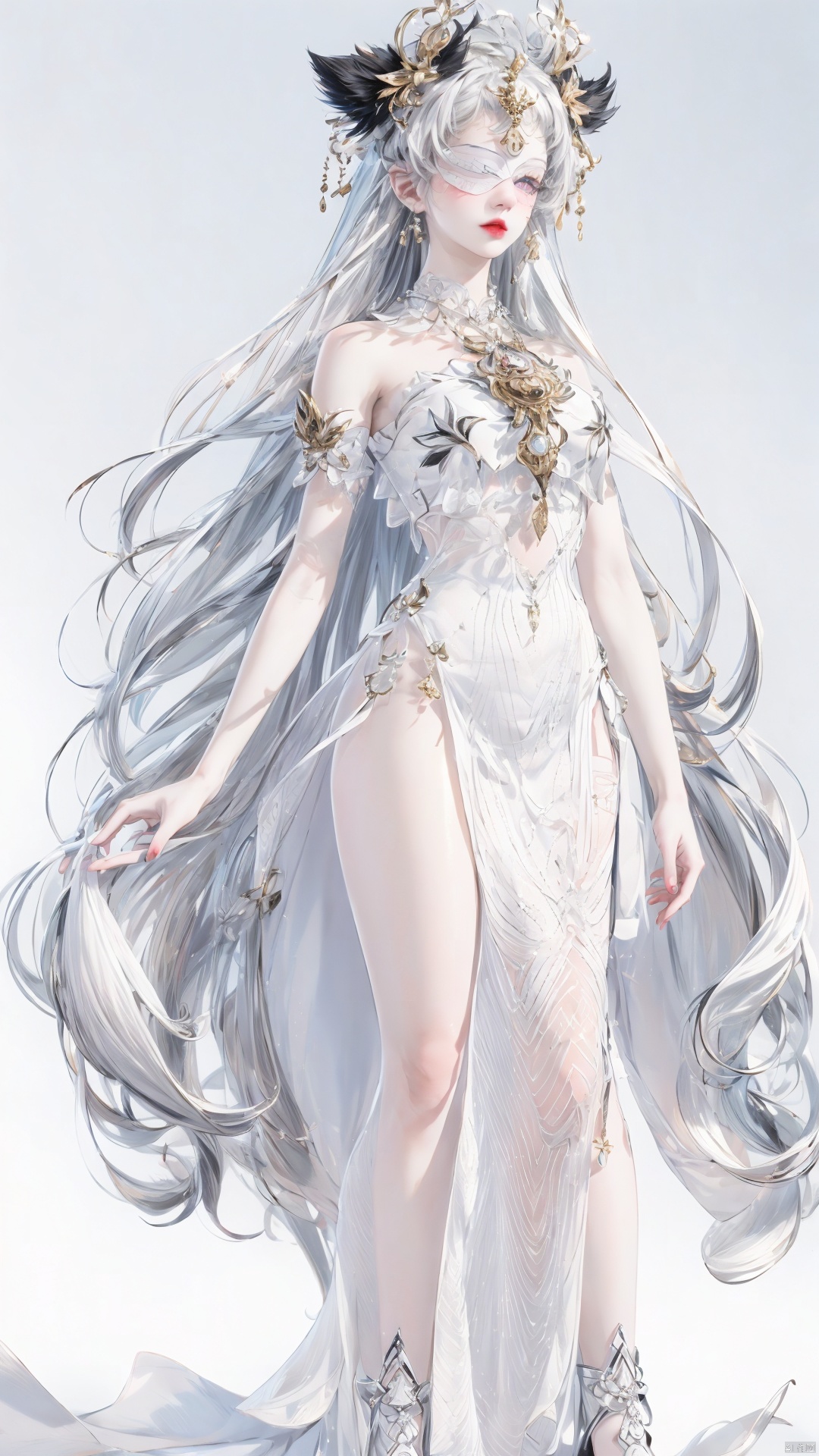 A girl, bust, delicate makeup, (full body:1.2),Face close-ups, colorful hair,Red lips,long legs, delicate eye makeup,colorful hair,purple eyes, silver hair,fair skin,green dress,blisters, glowing jellyfish,(white background:1.4), fantasy style, beautiful illustration, White shiny clothes,complex composition, floating long hair, seven colors,Keywords delicate skin, luster, liquid explosion, Elegant clothes, Glowing shells,glowing seabed,streamer,1girl,smoke,colorfulveil,colorful,Shifengji, ( Best Quality: 1.2 ), ( Ultra HD: 1.2 ), ( Ultra-High Resolution: 1.2 ), ( CG Rendering: 1.2 ), Wallpaper, Masterpiece, ( 36K HD: 1.2 ), ( Extra Detail: 1.1 ), Ultra Realistic, ( Detail Realistic Skin Texture: 1.2 ), ( White Skin: 1.2 ), Focus, Realistic Art,fantasy,girl, long yedress and white blindfold