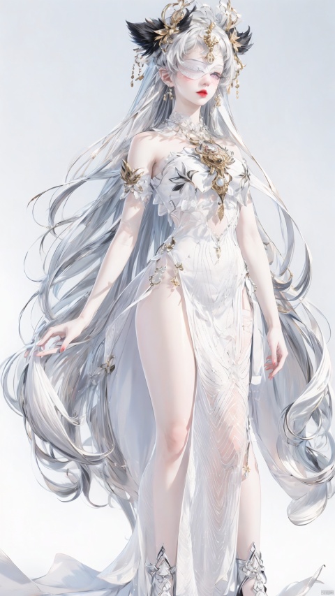 A girl, bust, delicate makeup, (full body:1.2),Face close-ups, colorful hair,Red lips,long legs, delicate eye makeup,colorful hair,purple eyes, silver hair,fair skin,green dress,blisters, glowing jellyfish,(white background:1.4), fantasy style, beautiful illustration, White shiny clothes,complex composition, floating long hair, seven colors,Keywords delicate skin, luster, liquid explosion, Elegant clothes, Glowing shells,glowing seabed,streamer,1girl,smoke,colorfulveil,colorful,Shifengji, ( Best Quality: 1.2 ), ( Ultra HD: 1.2 ), ( Ultra-High Resolution: 1.2 ), ( CG Rendering: 1.2 ), Wallpaper, Masterpiece, ( 36K HD: 1.2 ), ( Extra Detail: 1.1 ), Ultra Realistic, ( Detail Realistic Skin Texture: 1.2 ), ( White Skin: 1.2 ), Focus, Realistic Art,fantasy,girl, long yedress and white blindfold