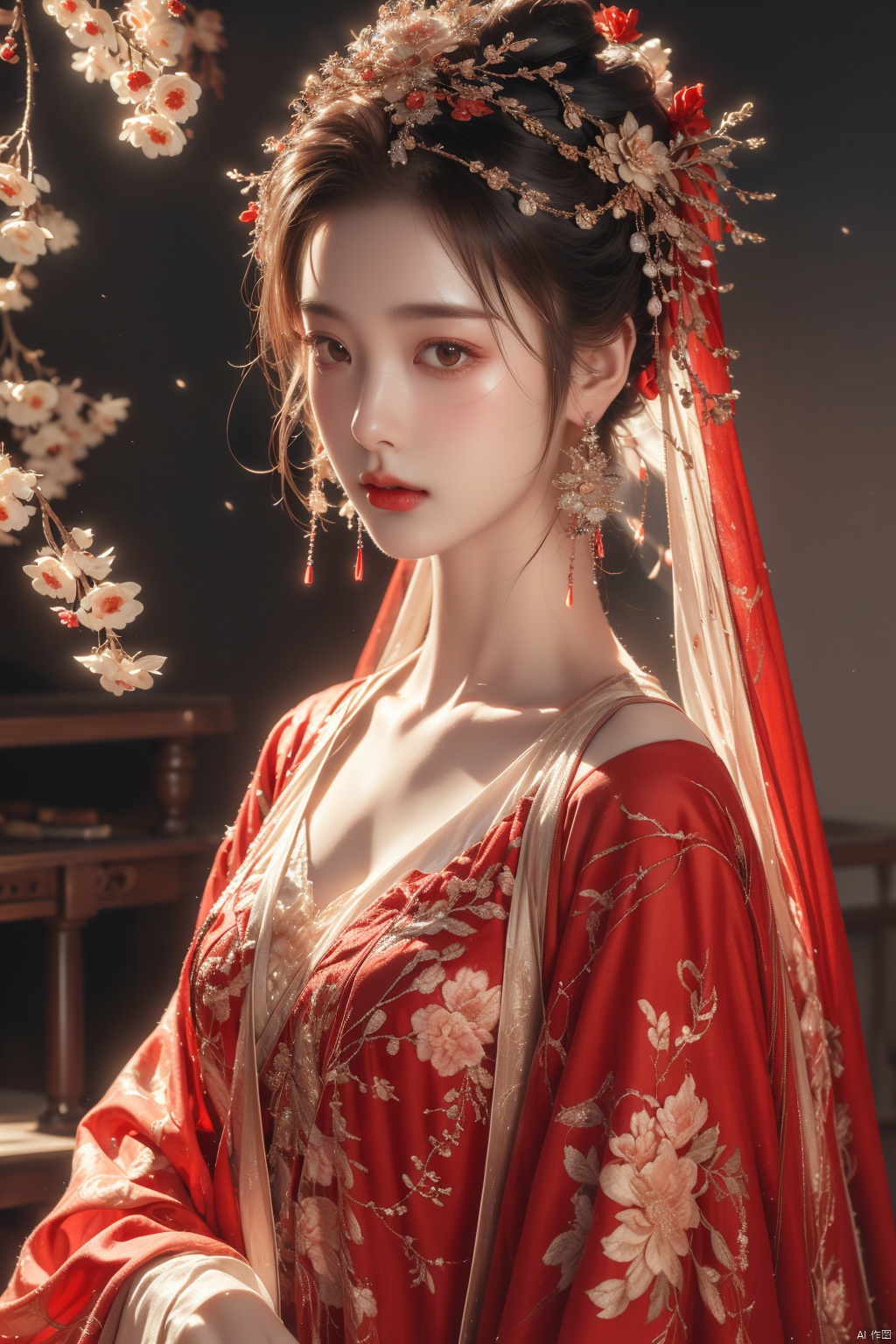 An antique beauty, busted, elegant,hydress,Flower branch,  medium breast, , hydress,( Best Quality: 1.2 ), ( Ultra HD: 1.2 ), ( Ultra-High Resolution: 1.2 ), ( CG Rendering: 1.2 ), Wallpaper, Masterpiece, ( 36K HD: 1.2 ), ( Extra Detail: 1.1 ), Ultra Realistic, ( Detail Realistic Skin Texture: 1.2 ), ( White Skin: 1.2 ), Focus, Realistic Art,