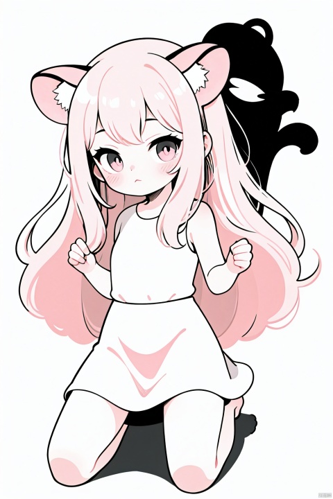 A lovely Lori, (loli:1.4),(pink animal ears:1.3), Pink ears,kneeling on the ground, small skirt, simple lines, black and white color, (white background:1.3), long hair, bare foot,white dress, jjmx