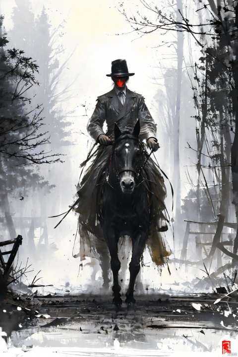 (horror style), riding a horse carrying an (old and dirty carriage), a Horseman with invisible head, (faceless and collarless), along a sinister path in a horrifying forest, (Photorealistic), monster, more detail XL,horror,Realism,DisembodiedHead