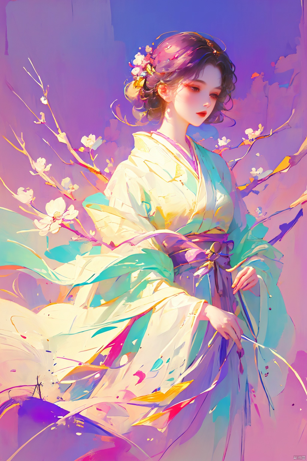 1girl, purple hair, dark purple hair, purple clip on hair, wearing Japanese clothes, Japanese clothes, purple and white Japanese clothes, holding a sword, holding a purple shiny sword, glowing purple sword, Japanese type sword, background charry blossom trees, beautiful pinkish charry blossom trees, dark purple sky, look at the view, lora:more_details:0.5, vibrant colors, masterpiece, sharp focus, best quality, depth of field, cinematic lighting, lora:more_details:0.5, （\personality\）, meiren-red lips, bpwc, guoflinke