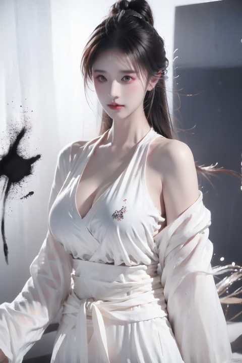 a girl,upper body,bare_shoulder,white blazer (module) ,cleavage cutout,big breast, smwuxia Chinese text blood weapon:sw, Ink scattering_Chinese style,blood splatter motion blur