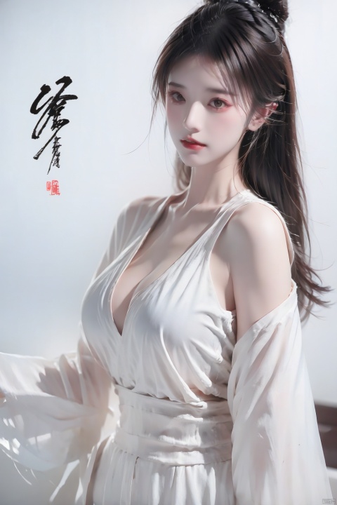 a girl,upper body,bare_shoulder,white blazer (module) ,cleavage cutout,big breast, smwuxia Chinese text blood weapon:sw, Ink scattering_Chinese style,blood splatter motion blur