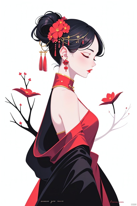  1girl, solo, black hair, hair ornament, long sleeves, dress, bare shoulders, jewelry, closed mouth, closed eyes, upper body, flower, earrings, hair flower, off shoulder, from side, makeup, chinese clothes, red dress, red flower, backless outfit, branch, red lips
