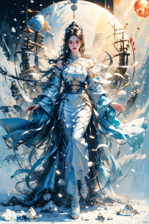  (High quality, High resolution, Fine details), Realistic, Dark background, (Floating magic circle:1.4), (Snow Crystals Magic:1.4), Wearing Magic Robes, solo, curvy women, sparkling eyes, (Detailed eyes:1.2), grin, Sweat, Oily skin, Full-body portrait, shallow depth of field, Dramatic Shadows
, guoflinke, Ink scattering_Chinese style
