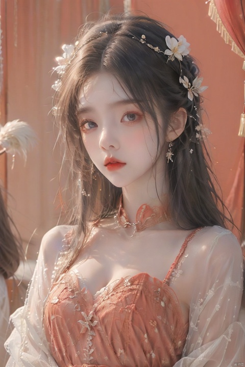  (1girl,Clothes of different colors, powder blusher, red eyes, delicate and perfect faces, reddish lips, simple tops, upper body,)Large chest2.0, (\shuang hua\), hydress-hair ornaments