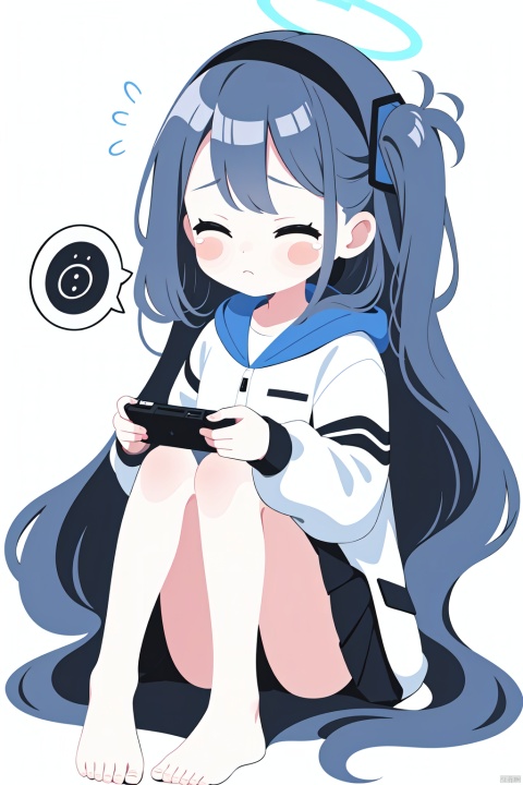  1girl, solo, long hair, blush, bangs, blue eyes, simple background, shirt, black hair, long sleeves, white background, holding, hair between eyes, sitting, very long hair, closed mouth, blue hair,jacket, white shirt, multicolored hair, hairband, open clothes, puffy sleeves, hood, black skirt, two-tone hair, open jacket, sparkle, shadow, one side up, halo, blush stickers, white jacket, hood down, black hairband, box, hooded jacket, knees up, puffy long sleeves, in container, handheld game console, cardboard box, in box, aris \(blue archive\), loli, >_<, closed eyes, flying sweatdrops, speech bubble, tears,no shoes,feet, aris(blue archive), arisdef