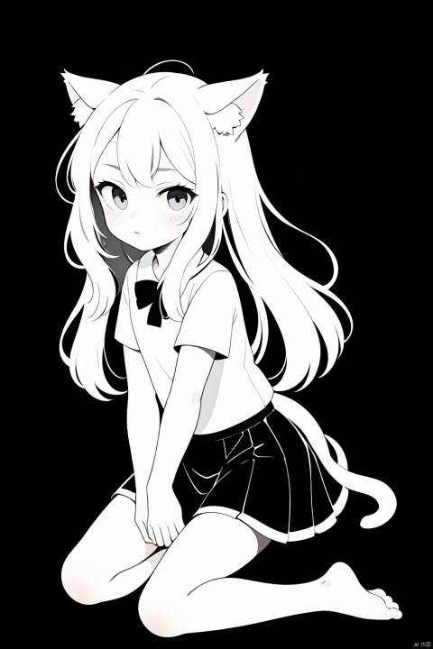 A lovely Lori, (loli:1.4),animal ears, kneeling on the ground, small skirt, simple lines, black and white color, white background, long hair, bare foot