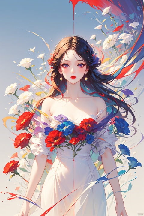  1girl, long hair, flower, Lisianthus, in the style of red and light azure, dreamy and romantic compositions, red, ethereal foliage, playful arrangements, fantasy, high contrast, ink strokes, explosions, over exposure, purple and red tone impression, abstract, whole body capture, ,
, 1girl, meiren-red lips, bpwc