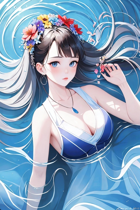  a dreamy and beautiful scene,flower dress,blue seawater,sea level,(there are many flowers on the clothes:1.3),frontlight,ambient_light,light_rays,(clarityblue:1.3),sexy,large chest,the girl is lying on the water surface,(a lot of flowers:1.3),ripples,ripple,dark blue,float,bubble,HDR,UHD,8K,best quality,masterpiece,realistic,highres,masterpiece,