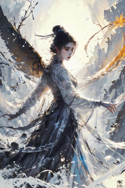 In the ethereal twilight of the image, the captivating allure commands attention. Transcending the conventional, icy tendrils and ((Frosty Wings)) replace their fiery counterparts, casting an enchanting and chilling ambiance