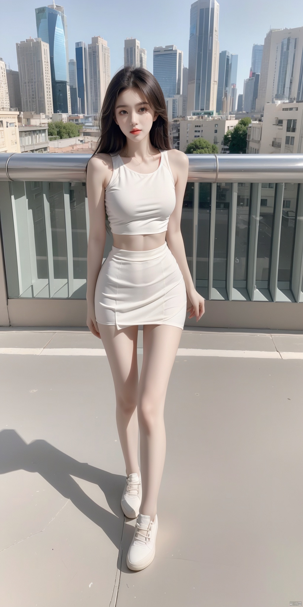  masterpiece,best quality,1girl,Clear and beautiful face,solo,full body,looking at viewer,(miniskirt,Short shorts,tight-fitting,Coloured clothes),(hottie),standing,((from above:1.3)),City street background,pantyhose, liuguang