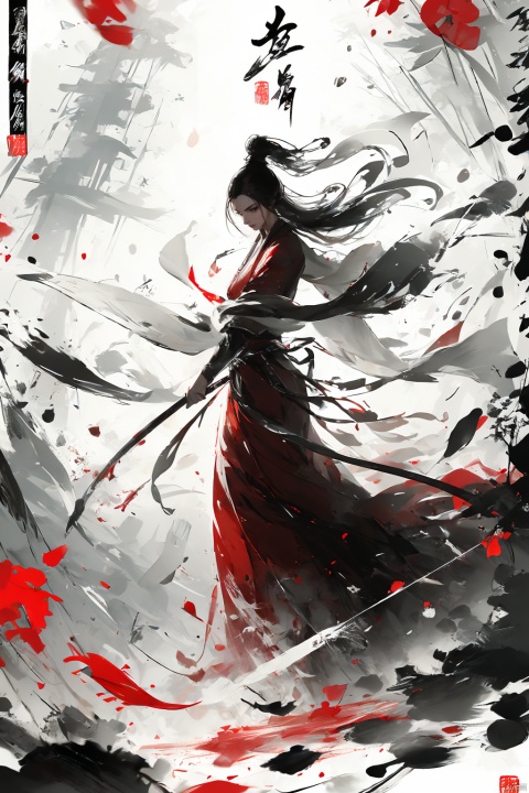  A girl, Chinese style, knight-errant, elegant long skirt, martial arts, red dress,Keywords ink bamboo, bamboo forest,with pieces of ink bamboo behind her, all taken, Ink scattering_Chinese style, Anime, yjmonochrome, smwuxia Chinese text blood weapon:sw,blood splatter motion blur, lotus leaf, yushui, Daofa Rune