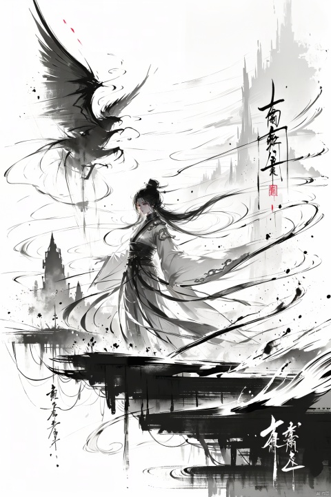  1 girl, dreamy, mystical, Chinese fantasy, flowing silk robes, intricate patterns, ethereal, floating in midair, surrounded by clouds and mist, glowing orbs of light, ancient ruins in the distance, fantastical creatures like dragons or phoenixes flying overhead, enchanting music, sense of wonder, (aura of magic around her:1.4), (surreal landscape:1.3), (vivid colors:1.2), (soft focus for a dreamlike effect:1.1)., Ink scattering_Chinese style, smwuxia Chinese text blood weapon:sw