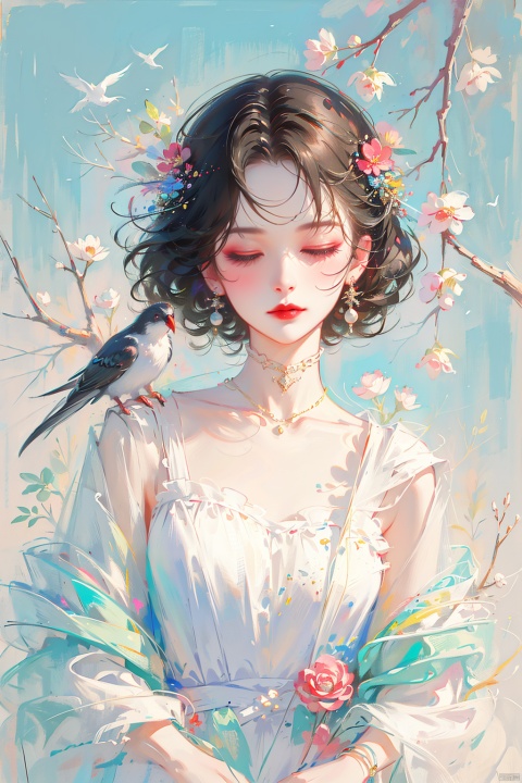 1girl, solo, blush, short hair, black hair, hair ornament, jewelry, closed mouth, closed eyes, earrings, eyelashes, makeup, bird, eyeshadow, branch, red lips