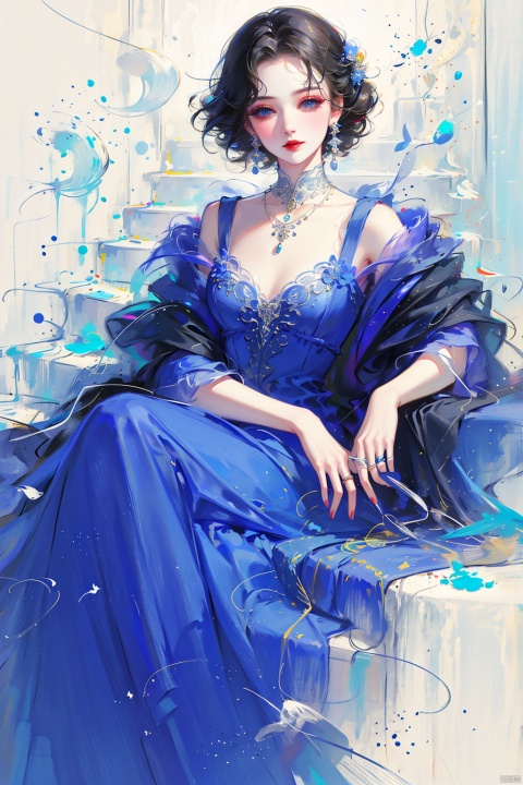 1girl, solo, breasts, looking at viewer, short hair, blue eyes, black hair, dress, jewelry, sitting, earrings, necklace, makeup, blue dress, ring, lipstick, stairs, long dress, red lips