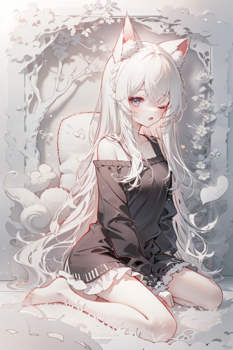 1girl, solo, long_hair, one_eye_closed, sitting, open_mouth, barefoot, wariza, animal_ears, shirt, white_hair, off_shoulder, breasts, long_sleeves, black_shirt, looking_at_viewer, bare_shoulders, pillow, very_long_hair,fdjz