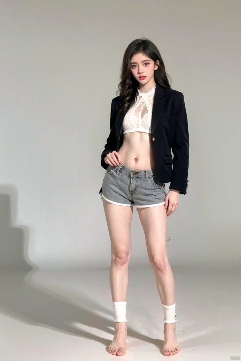  A girl, full body photo, long legs, indoor, (Pure gray background: 1.1),.Keywords studio, sunlight, realism, artistic atmosphere, artistic photo,full body,long legs,White suspender, black laser suit jacket, micro-curly long hair, revealing belly, revealing navel, black high waist shorts, hip-wrapped shorts, Barefoot,.Gaze at the audience