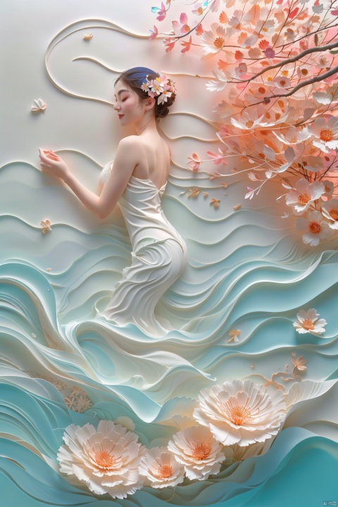  a dreamy and beautiful scene,dress,blue seawater,sea level,frontlight,ambient_light,light_rays,Smile back, smile back,Water, fair and wet skin,(clarityblue:1.3),sexy,large chest,the girl is lying on the water surface,(a lot of flowers:1.3),ripples,ripple,dark blue,float,bubble,HDR,UHD,8K,best quality,masterpiece,realistic,highres,masterpiece,