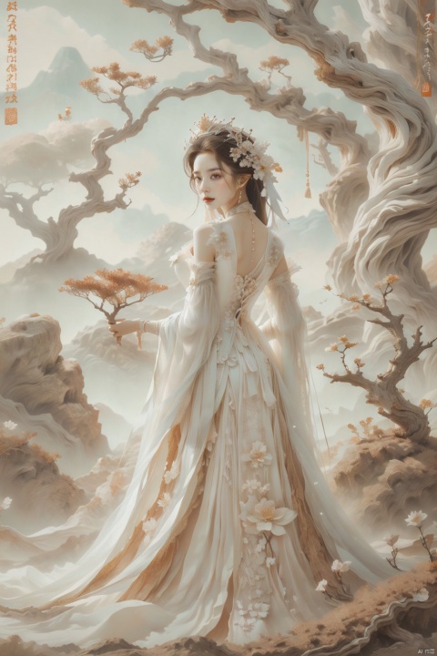  1girl,,This picture depicts a surrealistic image of a woman blending with natural elements. A woman stands in a desolate scene,her back and hair gradually turning into branches and twigs of a tree. A few flowers bloomed on the branch,as if she were a tree growing flowers. She was wearing a flowing white long skirt,with the hem spread out on the ground,interweaving with the lines of the tree roots. This woman's posture is sideways facing backwards,facing the mist in the distance,as if she is gazing or contemplating. The color contrast,light and shadow processing,and theme conception in this picture are all very captivating,creating a feeling of combining fantasy and reality. Overall,images convey an artistic concept that combines natural and human forms,full of symbolic meaning and inner emotional expression.,smile, monkren, liuyifei, drakan_longdress_crown