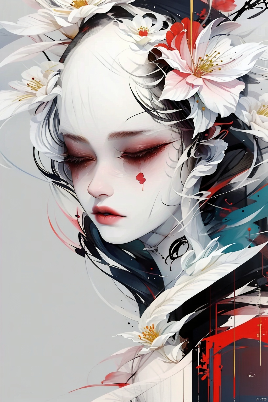  A girl, wearing sunglasses, black hair, closed mouth, closed eyes, flowers, eyelashes, makeup, Hanfu, Hanfu, Ink painting, mLD