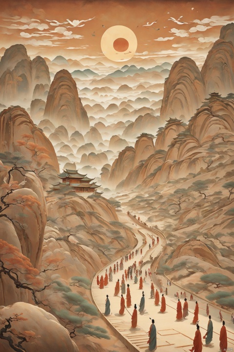 Chinese ancient style, time travel, mystery, illusion, dream back to Dunhuang, flying murals, imagination, grandeur, heavy color, rock color, seeking immortality, distant view, ancient style illustration, classical art, Chinese classical architecture, clouds, soft colors, stunning art,