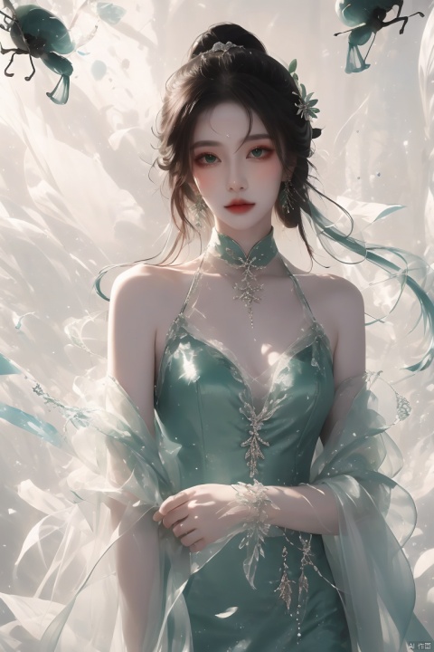  masterpiece, best quality, ice, A girl, silk, cocoon, spider web, Solo, Complex Details, Color Differences, Realistic, (Moderate Breath), Green Eyes, Earrings, Sharp Eyes, Perfect Fit, Choker, Dim Lights, cocoon, transparent, jiBeauty, Ink scattering_Chinese style, hydress-hair ornaments,yjmonochrome, liuguang, eyeglasses