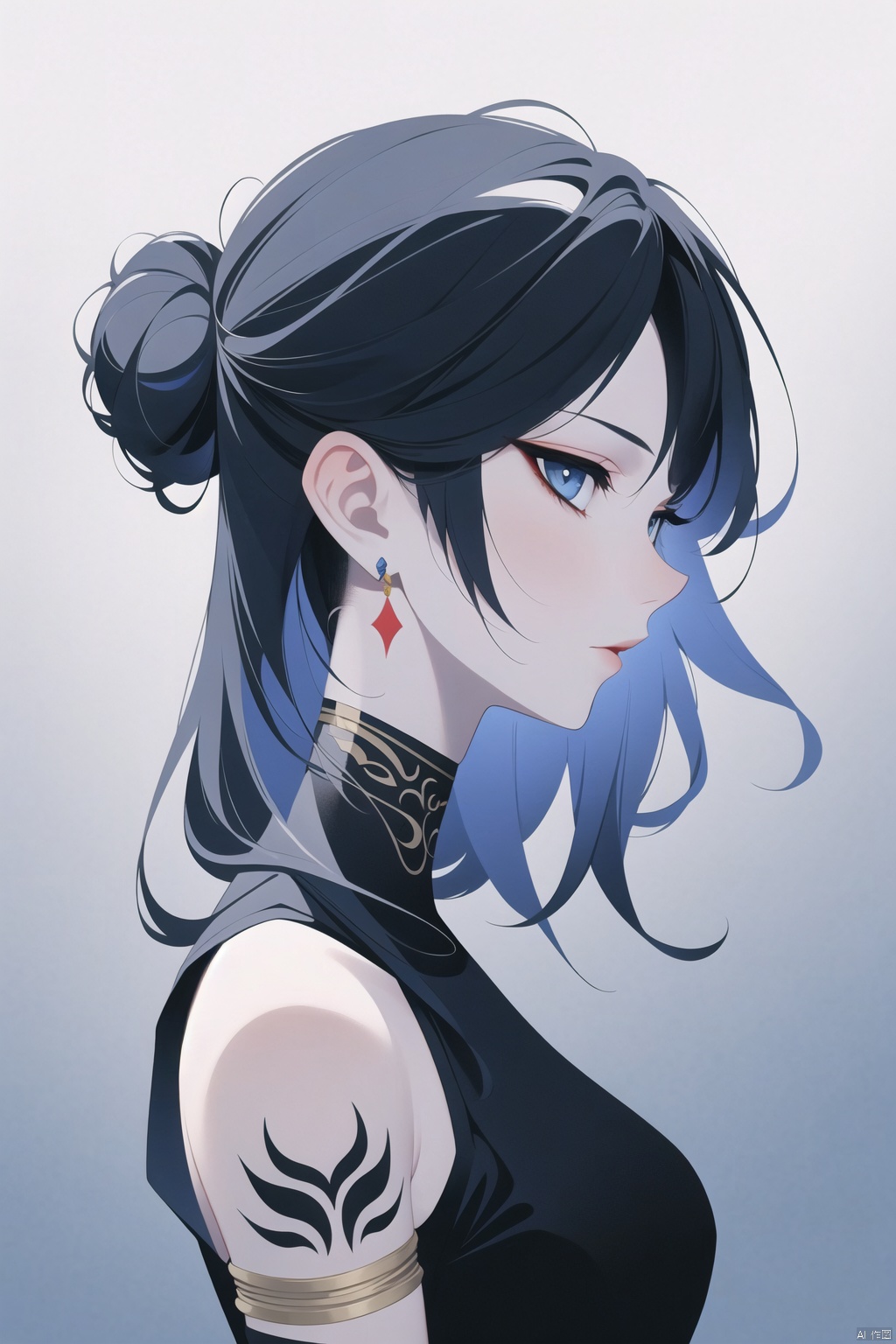  CG,Masterpieces, of the best quality,CG
masterpiece,best quality,
1girl, solo, breasts, bangs, blue eyes, shirt, dress, hair between eyes, bare shoulders, jewelry, blue hair, upper body, white hair, sky, sleeveless, hair bun, from side, gradient, gradient background, tattoo, profile, sleeveless dress, looking up, armlet, ice, crystal, arm tattoo, looking afar, mwuxia, Chinese ink painting, meidusha